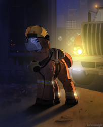 Size: 1920x2370 | Tagged: safe, artist:kirasunnight, oc, oc only, earth pony, pony, commission, firefighter, headlights, high res, looking at you, male, signature, smiling, smiling at you, solo, stallion, truck