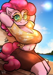 Size: 992x1403 | Tagged: safe, alternate version, artist:doodlebun, artist:mrdoodlebun, pinkie pie, earth pony, anthro, g4, arm behind head, beach, breasts, busty pinkie pie, cleavage, clothes, female, front knot midriff, glasses, midriff, outdoors, round glasses, shirt, sitting, skirt, smiling, solo, sunglasses