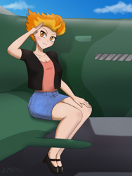 Size: 1125x1500 | Tagged: safe, artist:empyu, spitfire, human, equestria girls, g4, 2d, aircraft, blushing, breasts, cleavage, clothes, cloud, denim, denim skirt, equestria girls-ified, flats, legs, outdoors, salute, shirt, shoes, short sleeves, sitting, skirt, sky, solo, vest