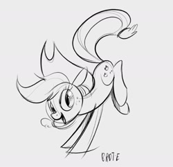 Size: 2000x1928 | Tagged: safe, artist:brdte, applejack, earth pony, pony, g4, female, grayscale, handstand, looking back, mare, monochrome, open mouth, open smile, signature, sketch, smiling, solo, upside down
