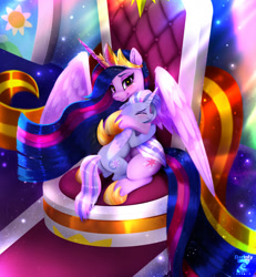 Size: 1738x1883 | Tagged: safe, artist:darksly, twilight sparkle, oc, oc:velvet hope, alicorn, pony, g4, alicorn oc, crying, duo, duo female, female, horn, hug, mare, older, older twilight, older twilight sparkle (alicorn), princess twilight 2.0, twilight sparkle (alicorn), wings