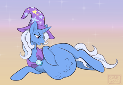 Size: 4000x2753 | Tagged: safe, artist:sushigoat, trixie, pony, unicorn, g4, belly, big belly, commission, female, gradient background, grin, hoof on belly, horn, huge belly, implied twilight sparkle, implied vore, lidded eyes, lying down, mare, on side, post-vore, preylight, smiling, solo, trixie predamoon, vore