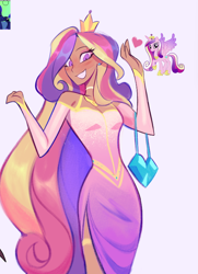 Size: 584x808 | Tagged: safe, artist:mulemount, princess cadance, alicorn, human, pony, g4, breasts, cleavage, clothes, female, heart, humanized, mare, moderate dark skin, purse, reference, side slit, slender, solo, thin