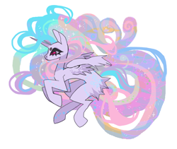 Size: 850x717 | Tagged: safe, artist:cutesykill, princess celestia, alicorn, pony, g4, alternate design, alternate eye color, beanbrows, big ears, butt fluff, colored, colored eyebrows, colored wings, colored wingtips, ethereal mane, ethereal tail, eyebrows, female, flying, glowing, glowing mane, glowing tail, horn, impossibly long mane, impossibly long tail, long horn, long mane, mare, missing cutie mark, multicolored mane, multicolored tail, narrowed eyes, no catchlights, partially open wings, pink eyes, profile, raised hooves, simple background, slit pupils, solo, sparkles, sparkly mane, sparkly tail, tail, tall ears, thick eyelashes, two toned wings, unicorn horn, wavy mane, wavy tail, white background, white coat, wings