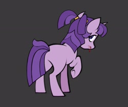Size: 1971x1650 | Tagged: safe, artist:partyponypower, starlight glimmer, pony, unicorn, g4, alternate mane color, alternate tail color, alternate universe, blood, colored, eyelashes, female, filly, filly starlight glimmer, flat colors, foal, gray background, horn, implied violence, looking at you, looking back, looking back at you, lyrics in the description, mare, no catchlights, no mouth, pigtails, pink coat, purple mane, purple tail, raised hoof, rear view, simple background, solo, standing, tail, tied mane, underhoof, unicorn horn, younger