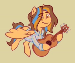 Size: 1971x1650 | Tagged: safe, artist:partyponypower, oc, oc only, unnamed oc, pegasus, pony, acoustic guitar, ambiguous gender, button-up shirt, clothes, colored, dress shirt, eye clipping through hair, eyebrows, eyebrows visible through hair, flat colors, flying, guitar, hoof hold, long mane, long tail, looking down, multicolored mane, multicolored tail, musical instrument, nose wrinkle, orange coat, partially open wings, pegasus oc, requested art, shirt, smiling, solo, striped shirt, tail, wings, yellow coat, yellow eyes