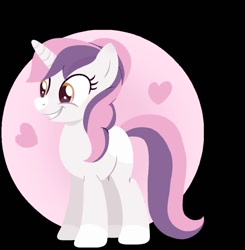 Size: 1253x1280 | Tagged: safe, oc, oc only, oc:sweetieck dreams, pony, unicorn, g4, black background, circle background, coat markings, cute, facial markings, female, floating heart, heart, horn, mare, not sweetie belle, simple background, smiling, snip (coat marking), socks (coat markings), solo, standing, unicorn horn, unicorn oc