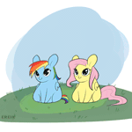 Size: 560x560 | Tagged: safe, artist:erein, fluttershy, rainbow dash, pegasus, pony, g4, animated, big ears, big eyes, chibi, chubbie, cloud, colored, cute, dashabetes, duo, duo female, ears up, female, flat colors, flying, frame by frame, gif, grass, looking at you, multicolored hair, multicolored tail, rainbow trail, shyabetes, sketch, sky, smiling, smiling at you, spread wings, squigglevision, tail, wings
