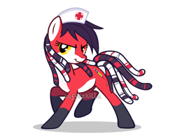 Size: 1200x950 | Tagged: safe, artist:zeffdakilla, oc, oc only, oc:renard queenston, earth pony, pony, dreadlocks, hat, looking sideways, nurse, nurse hat, ponified, raised hoof, raised leg, simple background, smiling, solo, white background