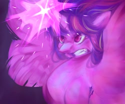 Size: 1800x1500 | Tagged: safe, artist:sarpiza_, twilight sparkle, alicorn, pony, angry, bust, female, glowing, glowing horn, grin, horn, mare, smiling, solo, spread wings, twilight sparkle (alicorn), wings