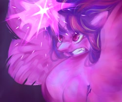 Size: 1800x1500 | Tagged: safe, artist:sarpiza_, twilight sparkle, alicorn, pony, g4, angry, bust, female, glowing, glowing horn, grin, horn, mare, smiling, solo, spread wings, twilight sparkle (alicorn), wings