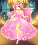 Size: 3360x4000 | Tagged: safe, artist:xjenn9, fluttershy, anthro, plantigrade anthro, g4, bare shoulders, beautiful, blushing, clothes, cute, dress, female, high heels, legs, looking at you, mare, pink dress, pink skirt, shoes, shyabetes, smiling, smiling at you, solo, sparkles