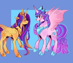 Size: 2000x1741 | Tagged: safe, artist:sarpiza_, princess flurry heart, oc, alicorn, pony, g4, alicorn oc, blue background, cousins, crown, duo, duo female, eyes closed, female, horn, jewelry, looking at each other, looking at someone, mare, offspring, older, older flurry heart, open mouth, open smile, parent:flash sentry, parent:twilight sparkle, parents:flashlight, passepartout, peytral, regalia, simple background, smiling, smiling at each other, spread wings, wings