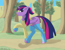 Size: 1280x1000 | Tagged: safe, artist:neytria165, twilight sparkle, alicorn, g4, alternate hairstyle, clothes, fanart, female, forest, freckles, mare, nature, ponytail, smiling, socks, solo, sweater, tree, twilight sparkle (alicorn)