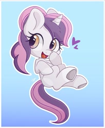 Size: 1044x1280 | Tagged: safe, oc, oc only, oc:sweetieck dreams, pony, unicorn, g4, g4.5, chibi, cute, eyelashes, female, filly, floating heart, foal, gradient background, heart, horn, mare, open mouth, open smile, smiling, solo, underhoof, unicorn horn, unicorn oc
