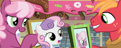 Size: 2687x1080 | Tagged: safe, composite screencap, edit, edited screencap, screencap, big macintosh, cheerilee, sweetie belle, earth pony, pony, unicorn, g4, hearts and hooves day (episode), horn, photos, smiling, sugarcube corner