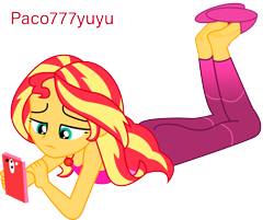 Size: 1342x1081 | Tagged: safe, sunset shimmer, equestria girls, g4, barefoot, cellphone, cute, feet, female, fetish, foot fetish, lying down, phone, relaxed, shoeplay, shoes, simple background, soles, solo, the pose, transparent background