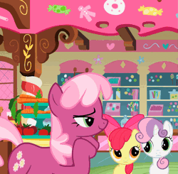 Size: 1101x1080 | Tagged: safe, screencap, apple bloom, cheerilee, sweetie belle, earth pony, pony, unicorn, g4, hearts and hooves day (episode), animated, apple, candy, carrot, cropped, female, filly, foal, food, gif, horn, invisible stallion, mare, out of context, smiling, sugarcube corner, trio