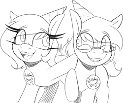 Size: 3355x2806 | Tagged: safe, artist:lockheart, oc, oc only, oc:lockie, oc:tjpones, earth pony, pony, birthday, black and white, duo, duo male and female, female, glasses, grayscale, grin, hat, long eyelashes, looking at each other, looking at someone, male, mare, monochrome, open mouth, open smile, party hat, simple background, smiling, smiling at each other, stallion, white background
