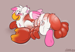 Size: 2291x1608 | Tagged: safe, artist:foxxy-arts, artist:pinksundae, oc, oc only, oc:foxxy hooves, hippogriff, lobster, blushing, female, hippogriff oc, inanimate tf, inflatable, mid-transformation, open mouth, solo, transformation
