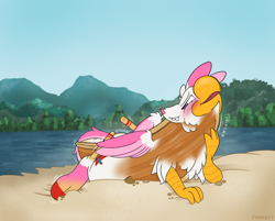 Size: 2142x1720 | Tagged: safe, artist:foxxy-arts, oc, oc only, oc:foxxy hooves, hippogriff, blushing, boat, female, hippogriff oc, inanimate tf, lake, mid-transformation, mountain, oars, open mouth, rock, rowboat, sky, solo, transformation, tree, water