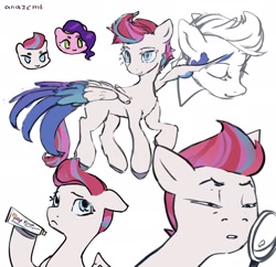 Size: 1914x1849 | Tagged: safe, artist:laymy, pipp petals, zipp storm, pegasus, pony, g5, detective, detective zipp, duo, duo female, female, floppy ears, hoof hold, magnifying glass, mare, narrowed eyes, royal sisters (g5), siblings, signature, simple background, sisters, solo focus, spread wings, toothpaste, white background, wings