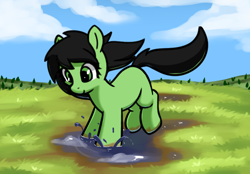 Size: 808x562 | Tagged: safe, artist:neuro, oc, oc only, oc:filly anon, earth pony, pony, female, filly, foal, looking down, puddle, smiling, solo, splashing