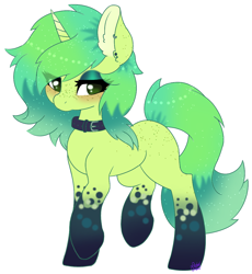 Size: 982x1067 | Tagged: safe, artist:pasteldraws, oc, oc only, pony, unicorn, blushing, bubble tea theme, collar, ear fluff, eyeshadow, freckles, horn, makeup, simple background, solo, transparent background