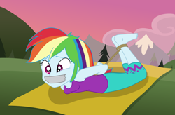 Size: 2500x1642 | Tagged: safe, artist:nie-martw-sie-o-mnie, rainbow dash, human, equestria girls, g4, my little pony equestria girls: choose your own ending, wake up!, wake up!: rainbow dash, barefoot, bondage, bound and gagged, clothes, feet, female, gag, hogtied, pants, rope, rope bondage, solo, tape, tape gag, tied up, yoga mat, yoga pants