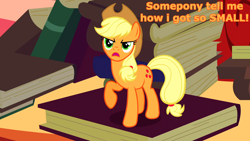 Size: 1920x1080 | Tagged: safe, edit, edited screencap, screencap, applejack, earth pony, pony, bridle gossip, g4, season 1, appletini, book, female, golden oaks library, guess the reference, kingdom hearts, library, meme, micro, solo