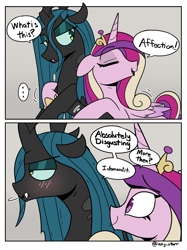 Size: 2163x2896 | Tagged: safe, artist:icey, princess cadance, queen chrysalis, alicorn, changeling, pony, g4, 2 panel comic, blushing, comic, duo, duo female, female, hug, tsundere
