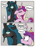 Size: 2163x2896 | Tagged: safe, artist:icey, princess cadance, queen chrysalis, alicorn, changeling, pony, g4, 2 panel comic, absolutely disgusting, affection, blushing, comic, cute, demanding, duo, duo female, eyebrows, eyebrows visible through hair, female, hug, infidelity, lesbian, ship:cadalis, shipping, smiling, tsundalis, tsundere