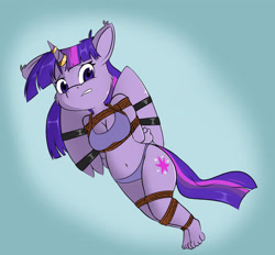 Size: 1767x1639 | Tagged: safe, artist:parassaux, twilight sparkle, alicorn, anthro, plantigrade anthro, g4, belly button, bondage, bound, bound wings, bra, breasts, cleavage, clothes, female, hands behind back, horn, horn ring, looking at you, panties, ring, rope, rope bondage, solo, twilight sparkle (alicorn), underwear, wings