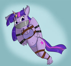 Size: 1767x1639 | Tagged: safe, alternate version, artist:parassaux, twilight sparkle, alicorn, anthro, plantigrade anthro, g4, belly button, bondage, bound, bound and gagged, bound wings, bra, breasts, cleavage, clothes, cutie mark, female, gag, hands behind back, horn, horn ring, looking at you, panties, ring, rope, rope bondage, solo, tape, tape gag, twilight sparkle (alicorn), underwear, wings