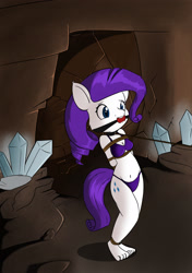 Size: 1581x2243 | Tagged: safe, artist:parassaux, rarity, anthro, plantigrade anthro, g4, ballgag, belly button, bikini, bondage, bound and gagged, breasts, cave, cleavage, clothes, crystal, cutie mark, female, gag, hands behind back, leash, purple bikini, rope, rope bondage, solo, standing, swimsuit
