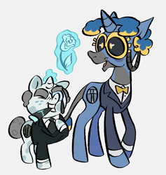 Size: 1046x1104 | Tagged: safe, artist:cogmics, alula, pluto, pony, unicorn, bowtie, cigar, cog, crossover, duo, female, flower, horn, male, mouthpiece (corporate clash), necktie, plutocrat, ponified, straight, toontown online, toontown: corporate clash
