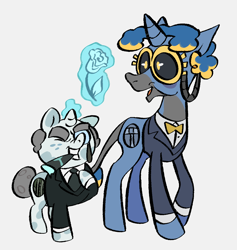 Size: 1046x1104 | Tagged: safe, artist:cogmics, pony, unicorn, bowtie, cigar, cog, crossover, duo, female, flower, horn, male, mouthpiece (corporate clash), necktie, plutocrat, plutocrat (corporate clash), ponified, straight, toontown online, toontown: corporate clash