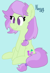 Size: 2136x3097 | Tagged: safe, artist:naggfruit, oc, oc only, oc:lavender charm, offspring, parent:marble pie, parent:trouble shoes, parents:marbleshoes, simple background, sitting, two toned mane
