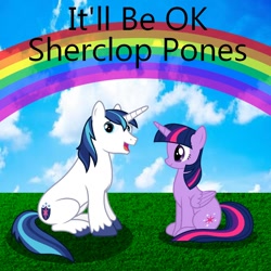 Size: 900x900 | Tagged: safe, artist:shercloppones, artist:user15432, shining armor, twilight sparkle, alicorn, pony, unicorn, friendship is witchcraft, g4, album, album cover, blue sky, brother and sister, cloud, duo, duo male and female, female, grass, horn, it'll be ok, looking at you, male, open mouth, open smile, rainbow, siblings, sitting, sky, smiling, twilight sparkle (alicorn)