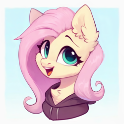 Size: 1280x1280 | Tagged: safe, ai assisted, ai content, artist:nightluna, editor:nightluna, fluttershy, pegasus, pony, g4, bust, cheek fluff, chest fluff, clothes, cute, ear fluff, eyebrows, eyelashes, female, hoodie, mare, open mouth, open smile, portrait, shyabetes, simple background, smiling, solo