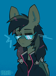 Size: 2516x3441 | Tagged: safe, artist:crashbrush, oc, oc only, pegasus, pony, :/, blue background, bust, clothes, ear fluff, facial hair, folded wings, high res, jacket, long hair, looking at you, portrait, simple background, solo, sunglasses, wings