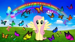 Size: 1280x720 | Tagged: safe, artist:ponyphonic, artist:user15432, fluttershy, butterfly, insect, pegasus, pony, g4, blue sky, cloud, flying, grass, looking at you, rainbow, shy heart, sky, smiling, smiling at you, spread wings, wings