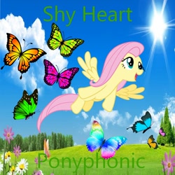 Size: 900x900 | Tagged: safe, artist:ponyphonic, artist:user15432, fluttershy, butterfly, insect, pegasus, pony, g4, album, album cover, blue sky, cloud, flower, flying, grass, open mouth, open smile, shy heart, sky, smiling, sun, tree