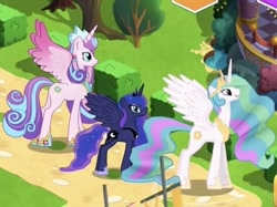 Size: 390x292 | Tagged: safe, gameloft, princess celestia, princess flurry heart, princess luna, alicorn, pony, g4, my little pony: magic princess, adult flurry heart, crown, ethereal mane, game screencap, gauntlet, height difference, hoof shoes, jewelry, older, older flurry heart, peytral, regalia, spread wings, trio, wings