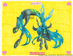 Size: 3296x2554 | Tagged: safe, artist:maniczombiedreamgirl, queen chrysalis, changeling, changeling queen, g4, black coat, changeling horn, crown, ear fluff, floppy ears, green eyes, holes, hoof heart, horn, insect wings, jewelry, looking at you, mandibles, regalia, simple background, solo, teal mane, underhoof, watermark, wings