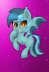 Size: 1500x2200 | Tagged: safe, artist:scandianon, oc, oc only, bat pony, bat pony oc, checkered background, female, gradient background, hoof over mouth, looking at you, mare, night, outdoors, pose, sky, smiling, smug, solo, spread wings, wings