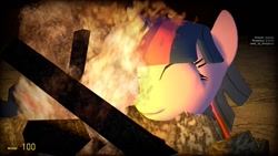Size: 1360x768 | Tagged: safe, artist:kruvvv, twilight sparkle, pony, unicorn, g4, 3d, ^^, campfire, eyes closed, fire, game, gmod, horn, lying down, multicolored hair, multicolored mane, solo, unicorn twilight