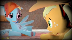 Size: 1360x768 | Tagged: safe, applejack, rainbow dash, earth pony, pegasus, pony, g4, 3d, angry, applejack's hat, argument, cowboy hat, duo, duo female, female, floppy ears, game, gmod, hat, looking at each other, looking at someone, lying down, mare, multicolored hair, multicolored mane, spread wings, wings