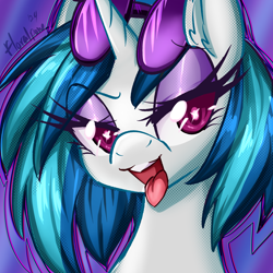 Size: 3000x3000 | Tagged: safe, artist:floralshitpost, dj pon-3, vinyl scratch, pony, unicorn, g4, bust, colored eyebrows, colored pinnae, ear fluff, eye clipping through hair, eyebrows, eyebrows visible through hair, eyelashes, eyeshadow, female, glasses, gradient background, high res, horn, lidded eyes, looking at you, makeup, mare, open mouth, open smile, outline, pink eyes, portrait, signature, smiling, smiling at you, solo, sparkly eyes, tongue out, vinyl's glasses, wingding eyes