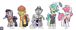 Size: 5000x2000 | Tagged: safe, artist:php104, derpy hooves, oc, oc only, oc:apple whiskey, oc:candi, oc:crane, oc:railright, oc:silver bell, earth pony, ghoul, pony, undead, unicorn, fallout equestria, g4, clothes, gun, hard hat, hat, horn, nurse, simple background, transparent background, weapon